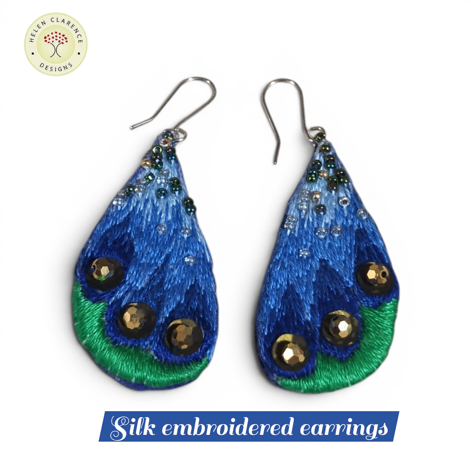 Peacock-Coloured Silk Embroidered Earrings.